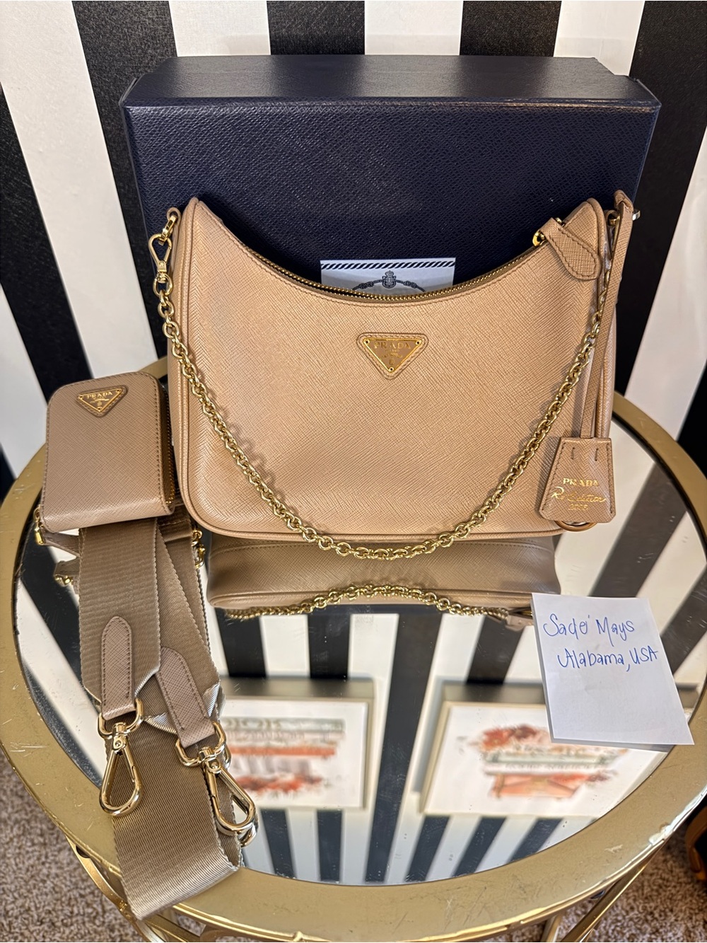 Prada Taupe Saffiano Leather Shoulder Bag with Gold Chain